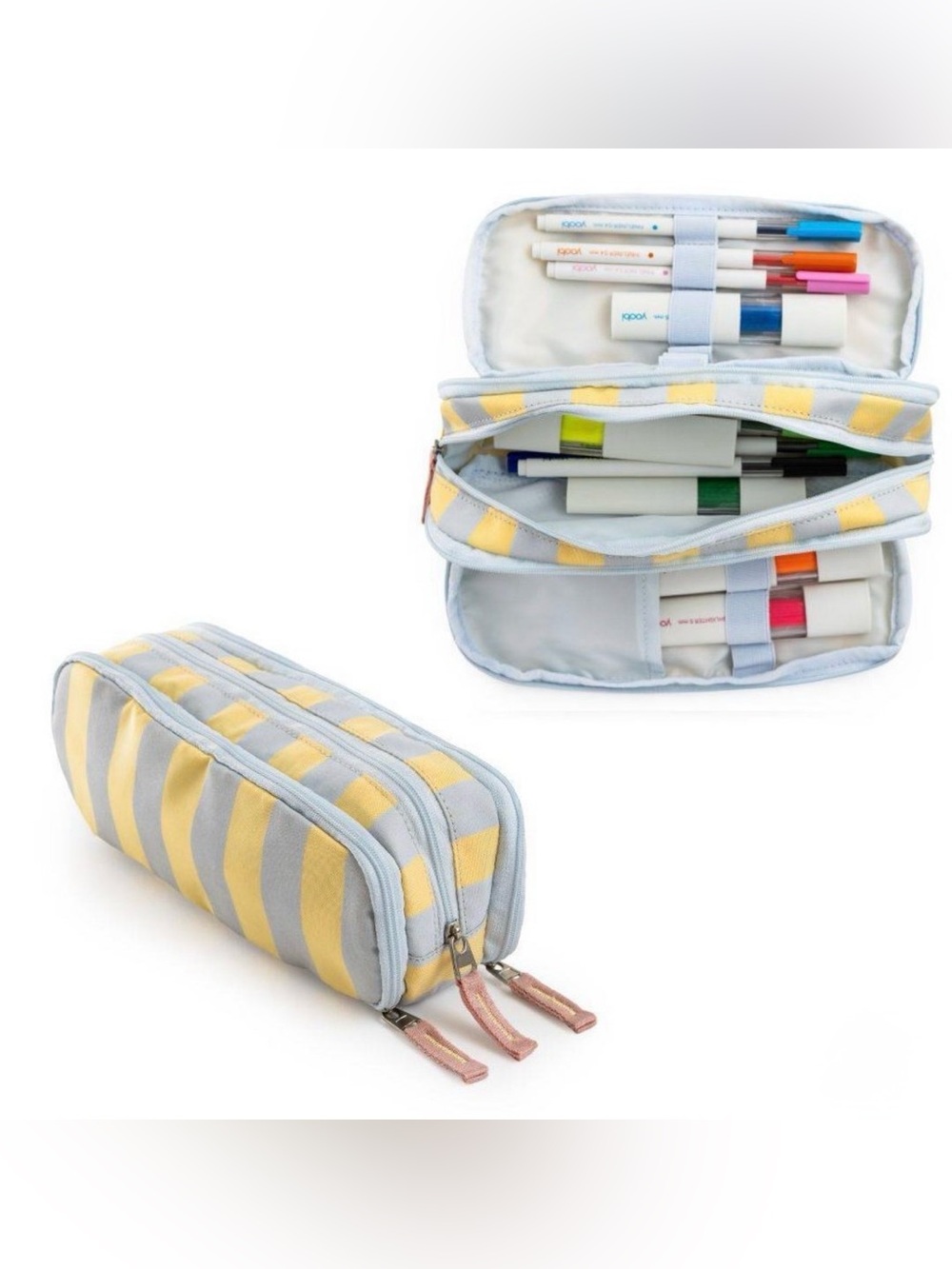 Yoobi Triple Zip Pouch - Lavender/Yellow Stripe